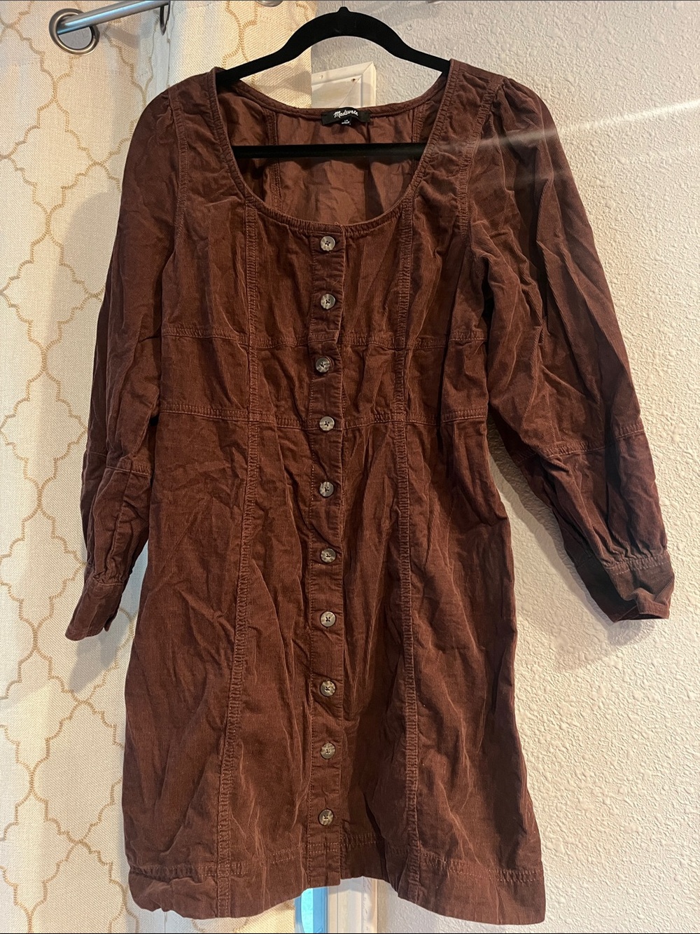Madewell Corduroy Brown Button-Front Long Sleeve Dress
